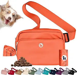 Puppington 3-in-1 Crossbody Bag & Dog Treat Pouch for Pet Training - Matching Poop Bags & Built-in Poop Bag Dispenser - Zippered Pockets - Dog Walking Bag for Office to Off-Leash (Poppy Orange)