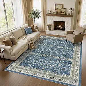 WITSHOCK 7x9 Light Blue Rugs for Bedroom - Vintage Boho Moody Retro Neutral Modern Distressed Rug, Large Farmhouse Throw Rug for Living Room Dining Room Laundry Kitchen Home Office, 84x108