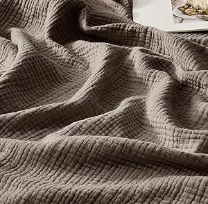 WDCOZY 100% Cotton Muslin Blanket King Size 4-Layer for Bed Breathable Lightweight Soft Large Boho Farmhouse Linen Tassels Ruffle Gauze Blankets 108x90 Inches Brown Mocha Chocolate Coffee Taupe