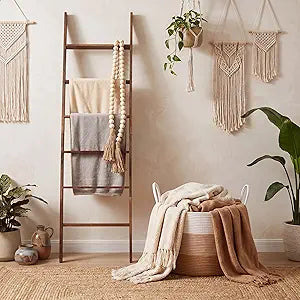Novabright 3 Pcs Farmhouse Living Room Decoration Set with 5.6 Ft Wooden Blanket Ladder 20 x 13 Inches Large Woven Blanket Basket 58 Inches Wood Bead Garland with Tassels for Bedroom Home Decor