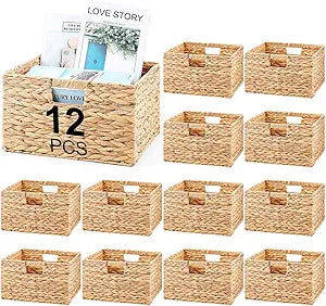 Jinei 12 Pcs Wicker Storage Basket Bulk 13 x 13 x 8 Inch Handwoven Water Hyacinth Cube Bin with Handles Woven Laundry for Organizer Shelves Wood Color