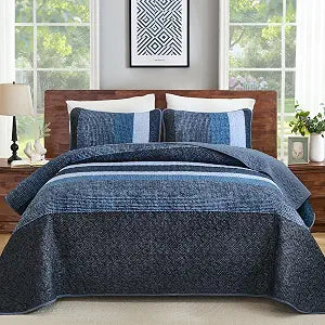 Cottolester Navy Blue Quilt Set Queen - 3-Piece Striped Boho Bedding Set
