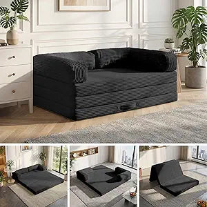 5-in-1 Convertible Sofa Bed,54" Boneless Couch Tri Folding Floor Mattress with Removable L-Shaped Armrests & Handle,Corduroy Futon Couch Sleeper with Pull Out Bed for Living Room Bedroom Apartment