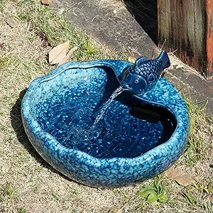 Ceramic Solar Fountain Bird Bath with Battery Backup,Bird Bath for Outside,Bird Bath Bowl for Garden, Patio & Yard Decor,Working at Night for at Least 6 Hours (Koi Fish).
