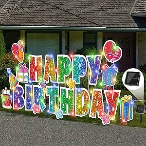 25 Pieces Happy Birthday Yard Signs with 23ft Solar LED Light Outdoor Lawn Signs with Stakes Letters Balloons Lawn Decoration for Birthday Party Supplies, Deep Glitter Rainbow