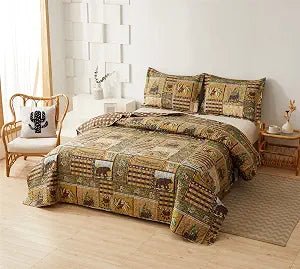 Smuge 3 Piece Moose Bear Cabin Plaid Reversible Quilt Set King,Rustic Home Lodge Quilted Bedspread Coverlet Bedding Set with Wildlife Bears Deer Buck Pine Tree Bear Paw for All Seasons(King,Brown)