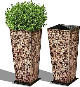 BAYN 2-Pack 24" Tall Metal Planter Hand-Hammered Textured Large Bronze Flower Pots Box with Saucer for Outdoor&Indoor, Garden, Porch, Patio, Yard with Pre-Drilled Drainage Holes
