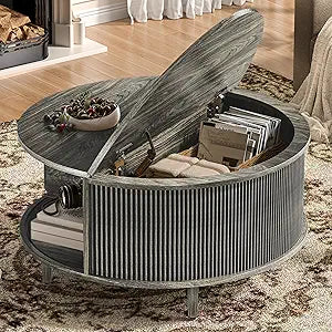 Round Coffee Table, 31.5" Fluted Center Table with Storage, Lift-Top Coffee Table with Adjustable Footpads, Sliding Door, Mid-Century Modern Center Table for Living Room, Small Space (Grey)