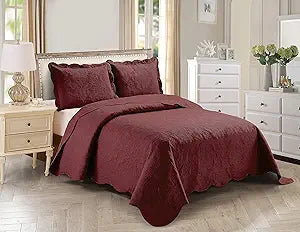 Home Collection 3pc Full/Queen Over Size Elegant Embossed Bedspread Set Light Weight Solid Burgundy New# Stacy