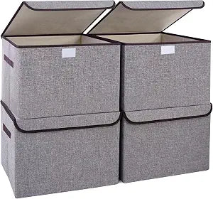 Bagnizer Large 22 Quart Linen Fabric Foldable Storage Bin Cube Organizer Basket with Flip-Top Lid & Handles, Clothes Blanket Box for Home, Office, Closet, Gray, 4 Pack 14.6 x 9.5 x 9.5