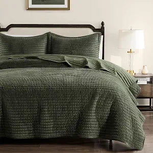 WDCOZY Velvet Queen Size Quilt Set - Olive Green Striped Soft Lightweight Bedspread, Dark Green Neutral Ribbed Farmhouse Country Rustic Coverlet, Modern Bedding Warm Thin Comforter, 3 Pieces