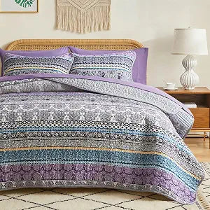 Flysheep 2 Pieces Colorful Boho Quilt Set Twin Size, Purple n Grey Bohemian Striped Printed Bedding Bedspread Coverlet Set for Summer, Soft Lightweight Microfiber Quilt with 1 Sham (68x86 inces)