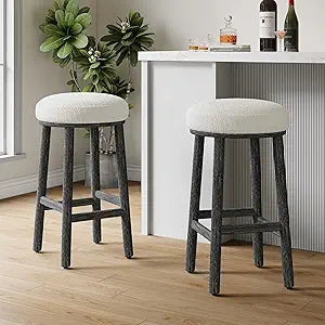 Christopher Knight Home Aubrie Counter Height Bar Stools Set of 2, Boucle Fabric Round Bar Stool for Kitchen Island, Wooden Backless Dining Room Chair, Counter Stool with Footrest, Black+Milky White