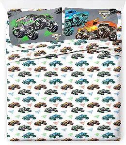 Jay Franco Kids Sheet Set with Fitted, Flat Sheets & Pillow Cover - Ultra-Soft Bedding with Pillowcase for Room Decor, White - Monster Jam, 4 Piece Full