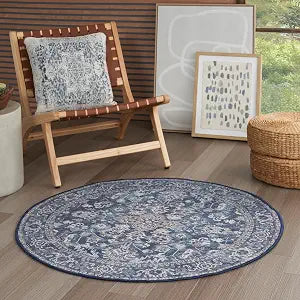 Nicole Curtis Machine Washable Series 1 Navy Ivory 4' x Round Area Rug Easy Clean, Non Shedding, Bed Room, Living Room, Dining Room, Kitchen (4' x Round)