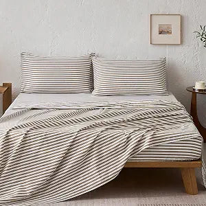 JELLYMONI 100% Cotton Sheet Set, Tan Striped, King | Soft breathable cotton, Deep pocket fit, Complete sheet set, Envelope closure, Bedroom refresh