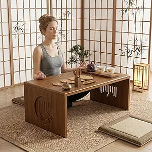 Foldable Floor Stable Coffee Table, Portable Low Tatami Table, Natural Minimalist Style, Sturdy and Space-Saving, Living Room & Meditation (Tray + Coaster(4ps) + Table (80cm))