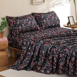 Paisley Floral Sheet Set Queen Size, 4 Piece Cozy Soft Breathable Microfiber Black Flower Printed Bed Sheets with 16" Deep Pocket Fitted Sheet, Oeko-Tex Cooling Sheets & Pillowcase Set