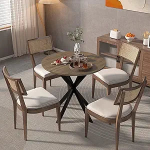 GDFStudio 31.5" Round Dining Table with Metal Black Legs & Wood Grain Top, Small Kitchen & Dining Room Table for 2-4, Modern Circle Dinner Table Furniture for Small Spaces Kitchen, Rustic Brown
