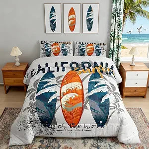 Manfei Surfing Comforter Set Full Size, Blue Orange Surfboards Bedding Set 3pcs for Kids Boys Girls Bedroom Decor, Tropical Palm Trees Quilt Set Soft Polyester Duvet Set with 2 Pillowcases