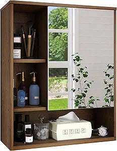 SMIBUY Bathroom Mirror Cabinet Wall Mounted, Bamboo Space Saver Medicine Cabinet, Wall Hanging Over Toilet Storage Cabinet with Mirror Door and Adjustable Shelf (Walnut)