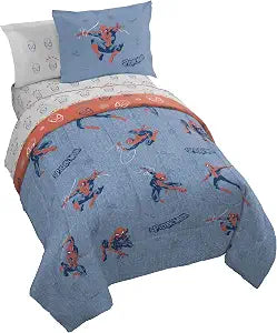 Jay Franco Kids Comforter Set Includes Sheets and Pillow Covers - Soft and Cozy Bed Set for Stylish Room Decor, Official Licensed Bedding, Blue - Spiderman, 5 Piece Twin