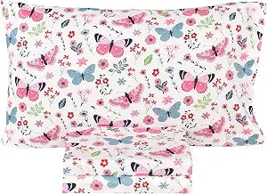 Scientific Sleep Butterfly Pink Flower 100% Cotton Cozy Fun Twin Bed Sheet Set, Flat Sheet & Fitted Sheet & Pillowcase Kids Boys Girls Bedding Set (Pink Butterfly, Twin)