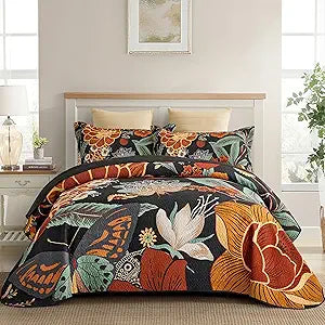 Tyrot 3 Piece Black Boho Floral King Size Quilt Sets Reversible Farmhouse Botanical Lightweight Bedspread Coverlet with 2 Shams Butterfly Microfiber Bedding Quilts Set for All Season, 106''x96''