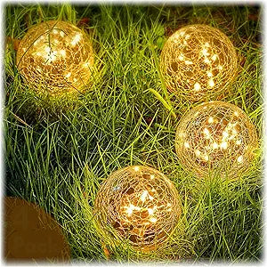 Honoson 4.7 Inch Solar Globe Lights Outdoor - Waterproof Cracked Glass Balls for Lawn Patio Yard Backyard Decorations, Warm Yellow Solar LED Lights with Easy Installation,Durable Design (4 Pcs)