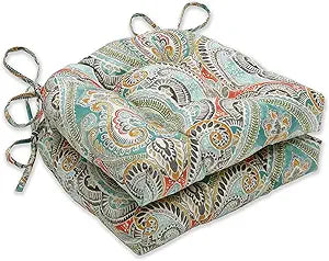 Pillow Perfect Paisley Indoor/Outdoor Chairpad with Ties, Reversible, Tufted, Weather, and Fade Resistant, 15.5" x 16", Blue/Multi Pretty, 2 Count