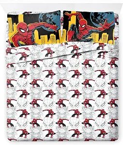 Jay Franco Kids Sheet Set with Fitted, Flat Sheets & Pillow Cover - Ultra-Soft Bedding with Pillowcase for Room Decor, White - Spiderman, 4 Piece Full