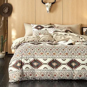 Wake In Cloud - Western Comforter Set, Southwestern Aztec Country Style with Rustic Ranch Vibe, Soft Lightweight Bedding, 3 Pieces, Beige Brown, Queen Size