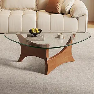 Modern Glass Coffee Table for Living Room, Mid Century Modern Triangle Coffee Table with Tempered Glass Top & Solid Wood Base, Noguchi Style Small Center Table for ApartmentWalnut/TransparentLarge