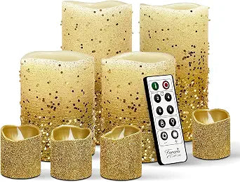 FURORA LIGHTING Gold Glitter LED Candles, 8-Pack Set with Remote & Timer