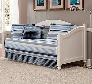 Mk Collection Daybed Coverlet Bedspread Set Stripe Plaid with Decorative Cushion Navy Blue Light Blue White New # Elegant Stripe