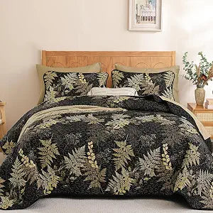 WONGS BEDDING Black Brown Quilt Queen Size,3 Pieces Branch Botanical Floral Pattern Bedspread Coverlet Set,Soft Lightweight Microfiber Reversible Summer Fall Autumn Quilt Set���96"��90"���