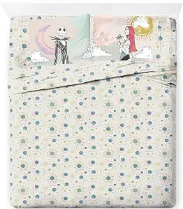 Jay Franco Sheet Set with Fitted, Flat Sheets & Pillow Cover - Ultra-Soft Bedding with Pillowcase for Room Decor, Beige - Nightmare Before Christmas, 4 Piece Full