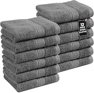 LANE LINEN Wash Cloths 100% Cotton 12 Pack Soft Absorbent 13x13 - Grey