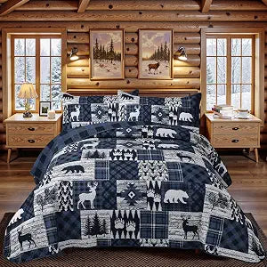3 Piece Cabin King Size Quilt Sets Farmhouse Rustic Reversible Microfiber Soft Lightweight Bedspread Comforter with 2 Shams Patchwork Country Lodge Bedding Quilts Set for All Season, 106''x96'', Blue