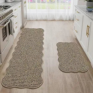 JSEI Scalloped Kitchen Rugs and Mats 2PCS, Kitchen Mats for Floor, Non-Slip Washable Kitchen Runner, Absorbent and Stain Resistant Rugs for Kitchen, Laundry & Sink, 17"x30"+17"x60", Taupe