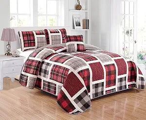 Linen Plus Quilted Bedspread Set for Teen Boys Patchwork Plaid Red Grey Black White New (Twin)
