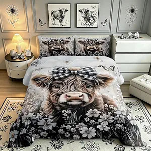 Feelyou Highland Cow Bedding Set Twin Size Kids Bow Floral Animal Cattle Comforter Set for Boys Girls Western Funny Cow Bed Set Soft Farmhouse Room Decor