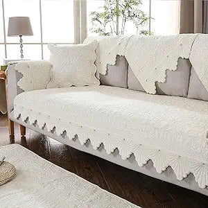 Cotton Embroidery Couch Sofa Cover Leaf and Floral Pattern Nonslip Quilted Furniture Protector Slipcover for Dogs, Children, Pets Sofa Slipcover Machine Washable (Cream,36"x63")