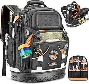 Tool Backpack Bag, HVAC Heavy Duty Construction Tools Backpack for Men, 1680D Professional Level Durable Tool Organizer, with Molded Base & Combination Lock, for Electricians & Home Repair-Version 3.0