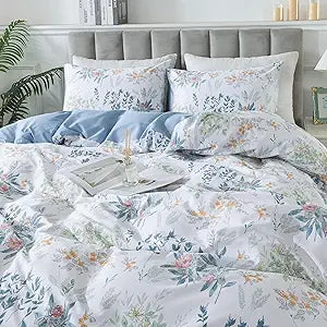 HoneiLife Floral Duvet Cover King - 100% Cotton Comforter Cover, Wildflower Bedlinen Set with Zipper Closure & Corner Ties, Botanical Comforter Cover Sets 3-pcs
