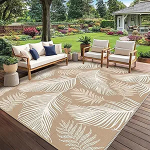 Pauwer Waterproof Outdoor Rug 8x10, Reversible Plastic Straw Patio Camping Rug, Indoor Outdoor RV Mat Carpet for Deck, Camper, Porch, Balcony, Backyard, Picnic, Leaf Brown