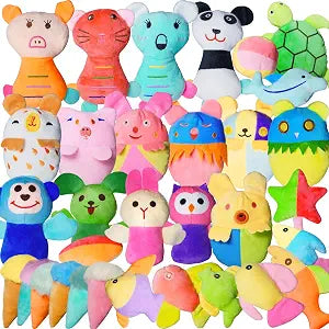 32-Pack Small Squeaky Dog Toys Bulk, Cute Fruits & Animal Stuffed Plush Puppy Toys, Soft Teething Toy Bundle for Small Medium Dogs & Puppies