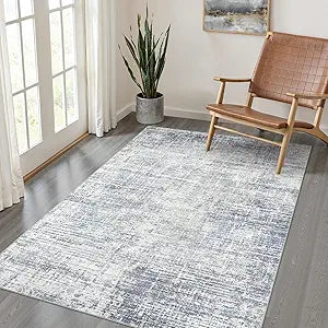 4x6 Rug Washable Area Rugs: Neutral Abstract Soft Modern Stain Resistant Small Indoor Floor Non-Slip Low Pile Throw Carpet for Entryway Kitchen Bedroom Nursery Kids Office Playroom Home House- Blue