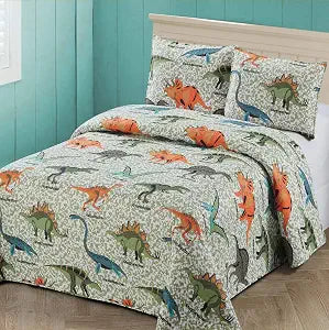3 pc Full/Queen Size Quilt Bedspread Kids/Teens Boys Dinosaurs Army Green Blue OrangeMulticolor Bedding New