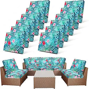 Newwiee 12 Pcs Patio Cushion Covers Outdoor Stretch Sofa Couch Cover Replacement Couch Slipcover Sofa Seat Chair Porch Patio Furniture Protector, Flexibility Washable(Colorful,Palm Leaf)